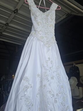Beaded White Satin Ball Gown Wedding Dress With Cathedral Train Hand Beaded